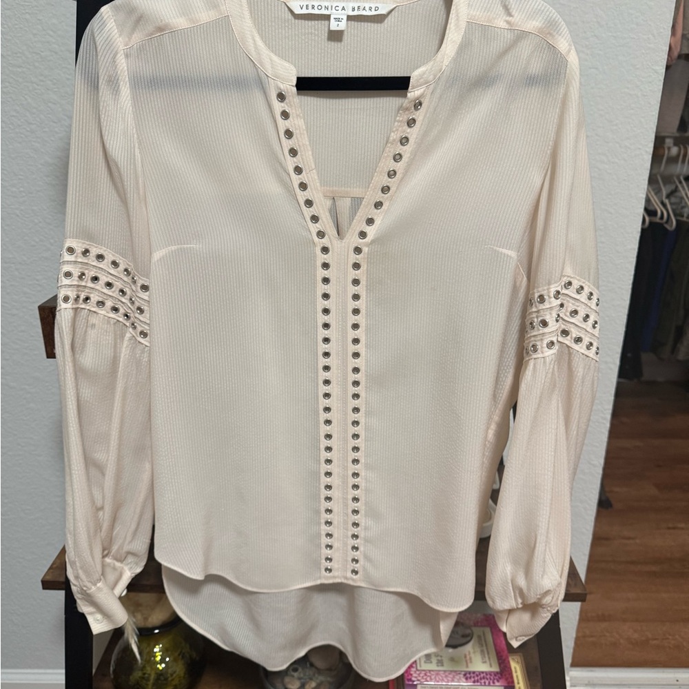 Veronica Beard Silk Blouse Cream Studded Trim Long Sleeve Boho Top - Picture 11 of 11